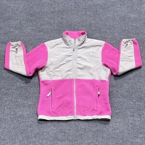 North Face Jacket Girls Large Pink White Polartec Fleece Full Zip Outdoors Warm